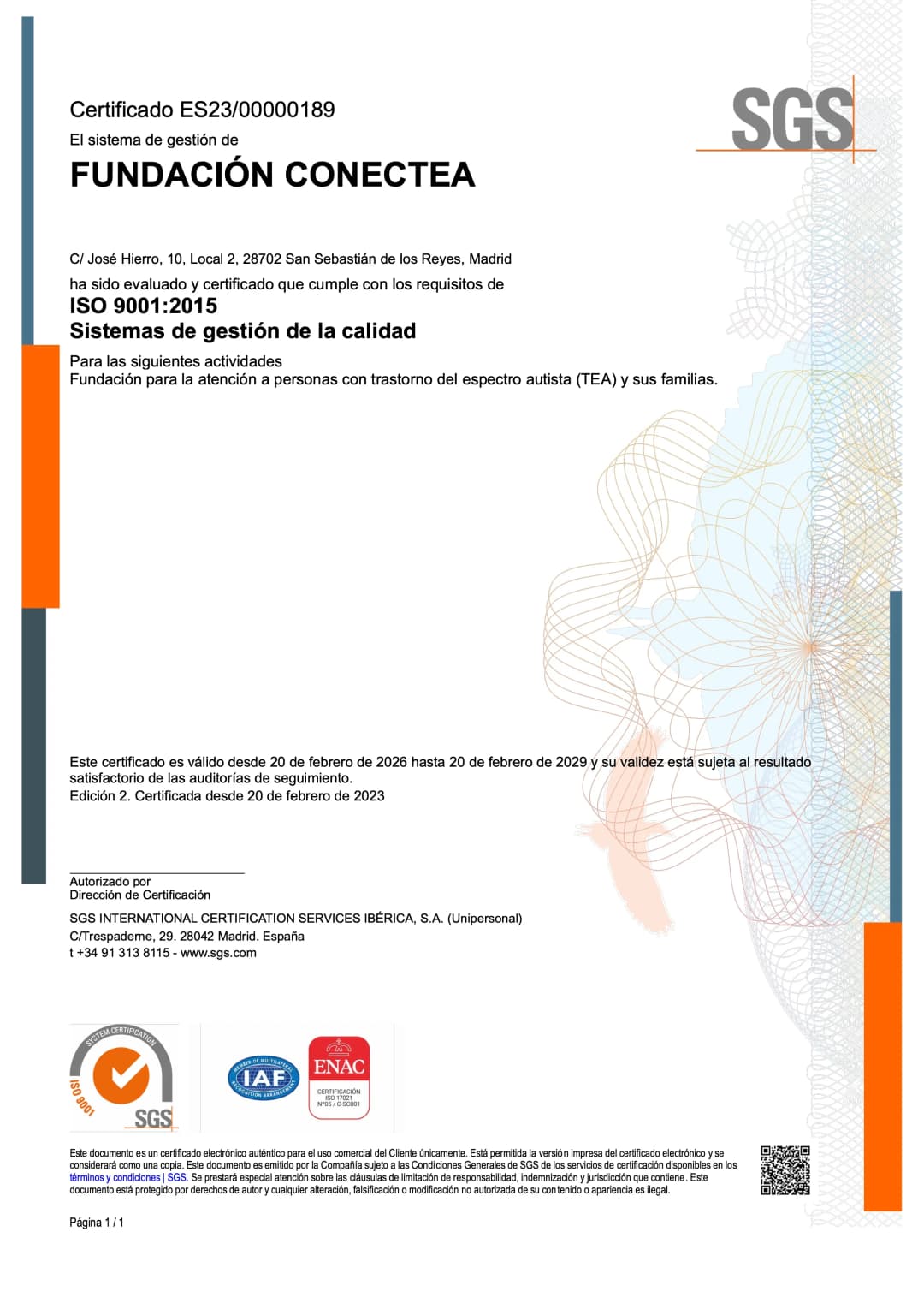 Certificado SGS Fundacion ConecTEA